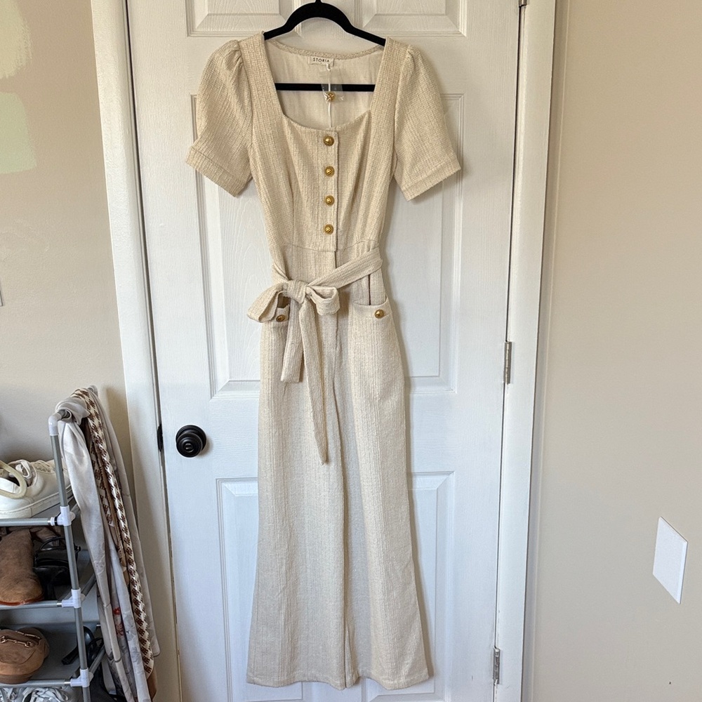 NWT Tweed Short Sleeve Beige Jumpsuit